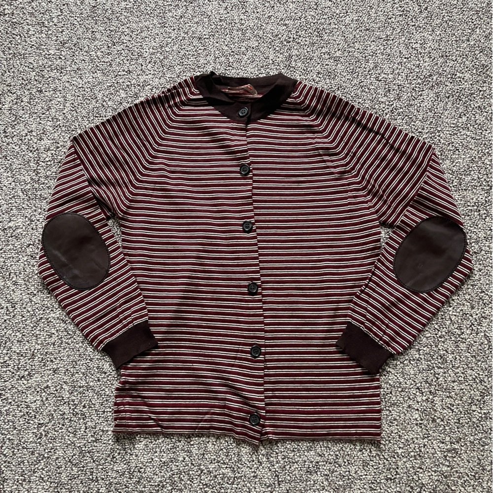 Prada Italy Cashmere Burgundy Striped Elbow Patch Cardigan Sweater 42